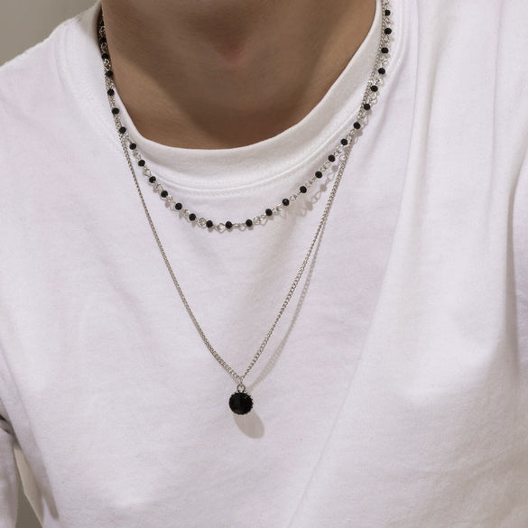 Men's Alloy Double Layer Stacked Black Rhinestone Imitation Gem Pendant Necklace With Geometric Pattern And Electroplating Treatment