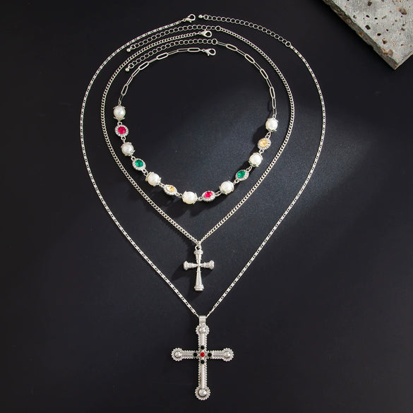 Men's Alloy Geometric Cross Handmade Diamond Pearl Clavicle Chain Jewelry