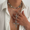 Men's Alloy Geometric Cross Handmade Diamond Pearl Clavicle Chain Jewelry