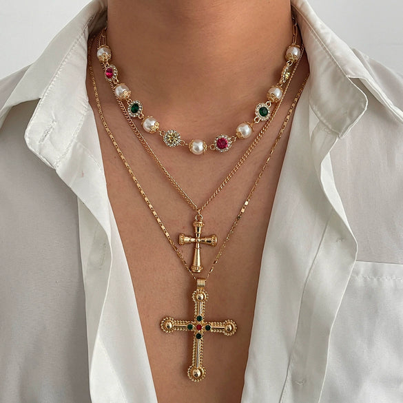 Men's Alloy Geometric Cross Handmade Diamond Pearl Clavicle Chain Jewelry