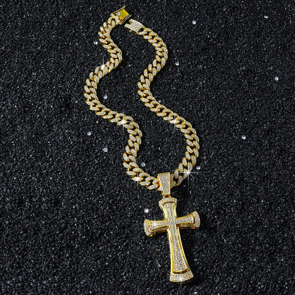 Men's Alloy Geometric Cuban Chain Cross Pendant Necklace With Electroplating