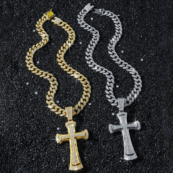 Men's Alloy Geometric Cuban Chain Cross Pendant Necklace With Electroplating