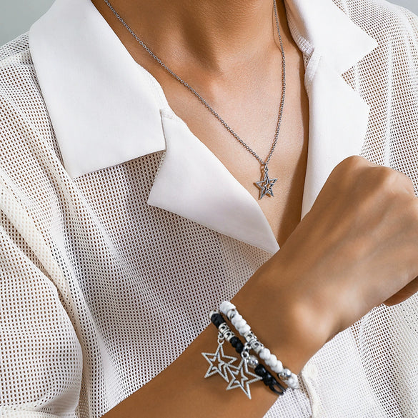 Men's Alloy Geometric Fivepointed Star Handmade Jewelry Necklace And Bracelet Set