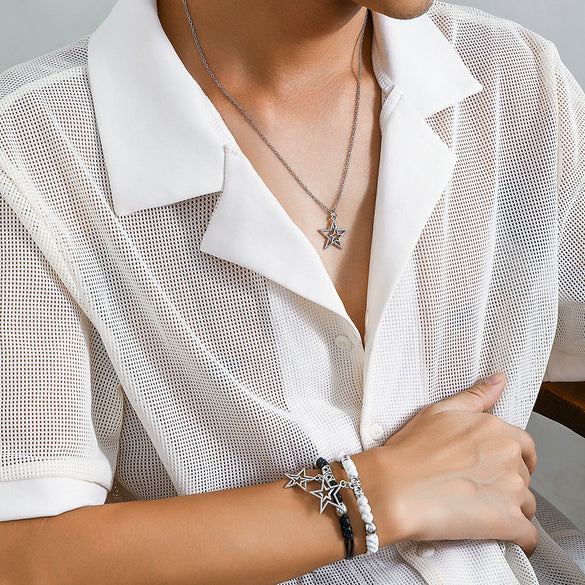 Men's Alloy Geometric Fivepointed Star Handmade Jewelry Necklace And Bracelet Set