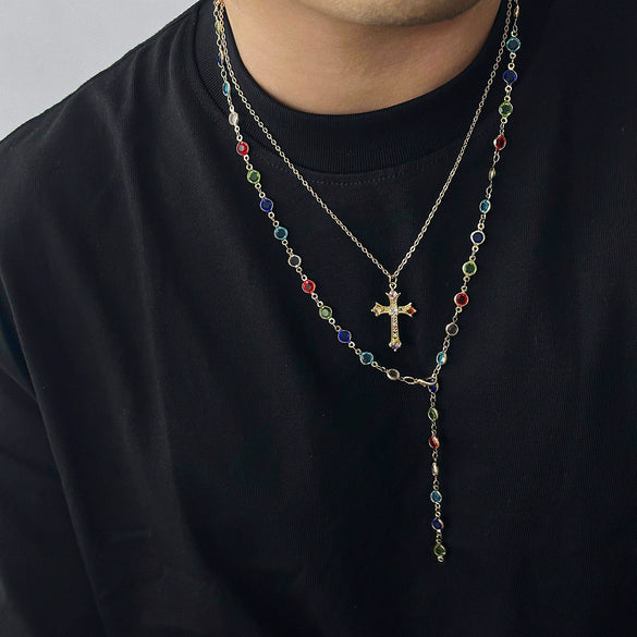 Men's Alloy Geometric Handmade Crystal Cross Pendant Necklace