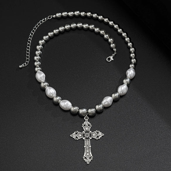 Men's Alloy Handmade Cross Pearl Necklace Hip Hop Trendy Street Fashion Jewelry