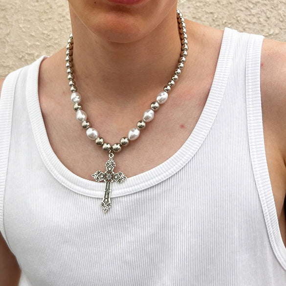 Men's Alloy Handmade Cross Pearl Necklace Hip Hop Trendy Street Fashion Jewelry