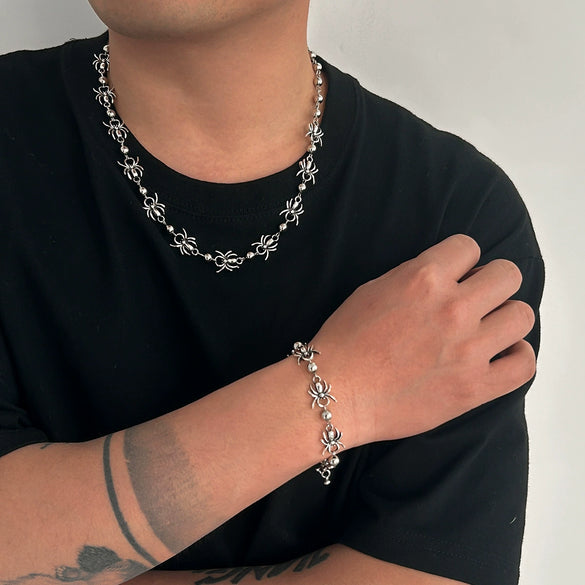 Men's Alloy Handmade Geometric Animal Style Spider Round Bead Stitching Necklace And Snake Bone Chain