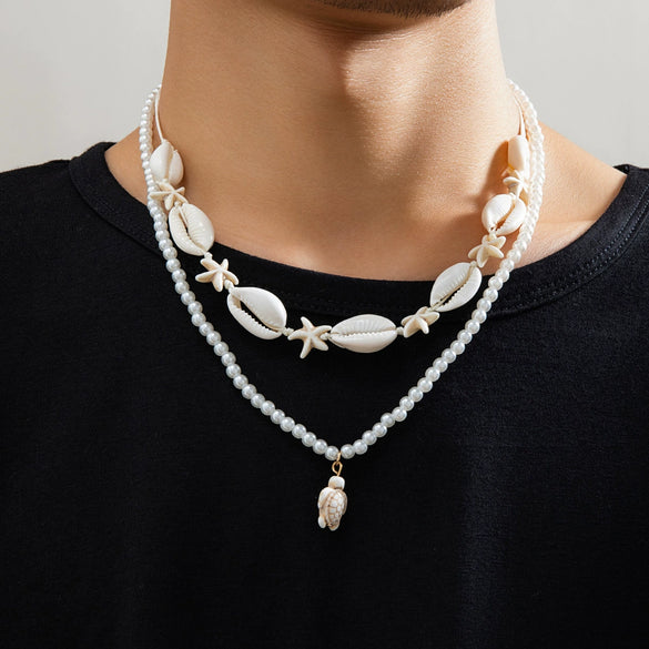 Men's Alloy Handmade Geometric Shell Beaded Turtle Necklace Jewelry