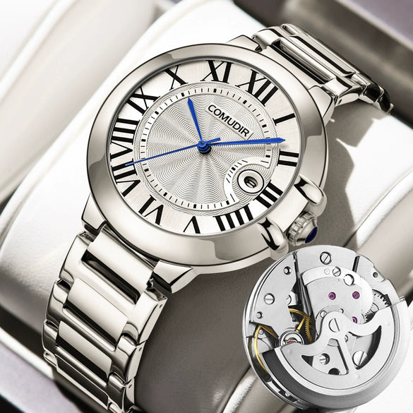 Men's Alloy Hollow Fake Mechanical Business Style Round Dial Luminous Calendar Waterproof Watch With Onion Crown Transparent Bottom And Mineral Reinforced Glass Mirror