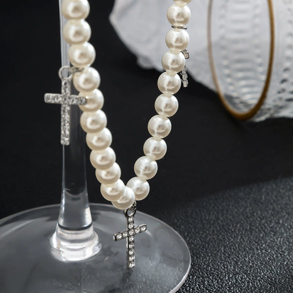 Men's Alloy Imitation Pearl Cross Diamondencrusted Hiphop Necklace
