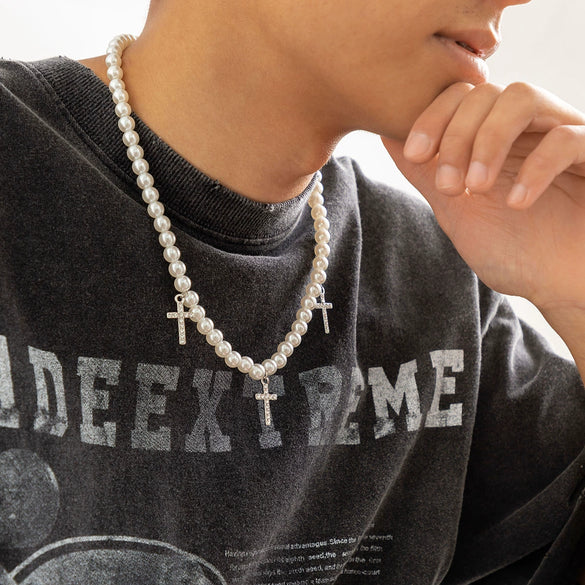 Men's Alloy Imitation Pearl Cross Diamondencrusted Hiphop Necklace