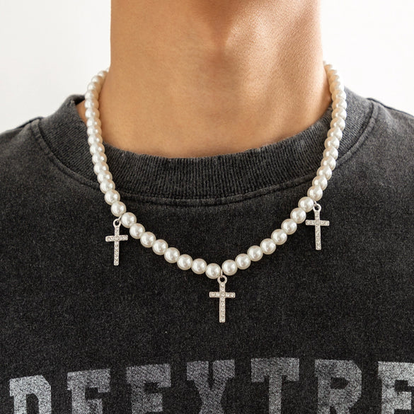 Men's Alloy Imitation Pearl Cross Diamondencrusted Hiphop Necklace