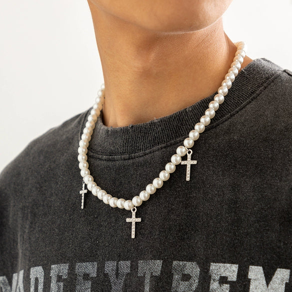 Men's Alloy Imitation Pearl Cross Diamondencrusted Hiphop Necklace