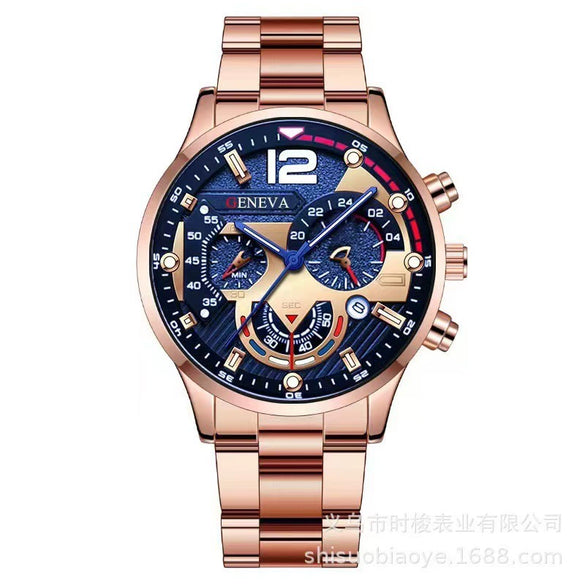 Men's Alloy Iron Stainless Steel Sports Leisure Round Dial Quartz Watch With Luminous Pointer And Calendar