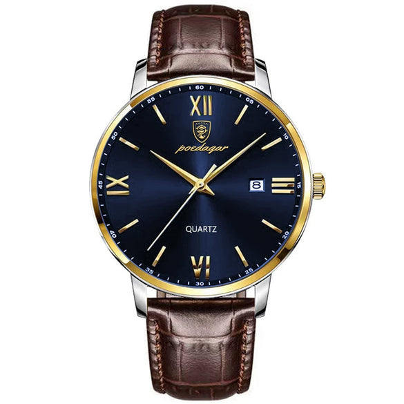 Men's Alloy Leather Business Round Dial Waterproof Quartz Watch
