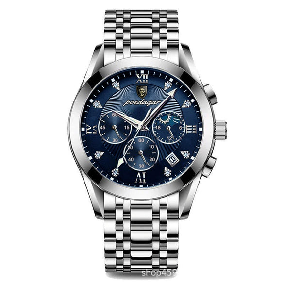 Men's Alloy Leather Quartz Watch With Sapphire Crystal Glass Mirror Round Dial Waterproof Luminous