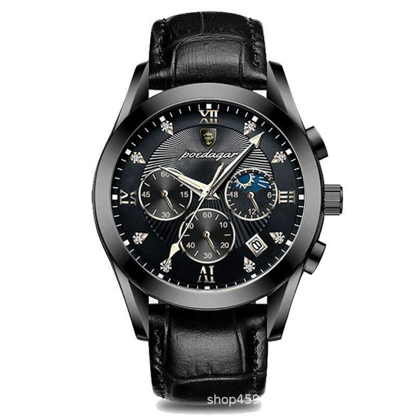 Men's Alloy Leather Quartz Watch With Sapphire Crystal Glass Mirror Round Dial Waterproof Luminous