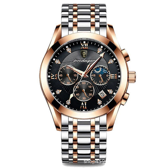 Men's Alloy Leather Quartz Watch With Sapphire Crystal Glass Mirror Round Dial Waterproof Luminous