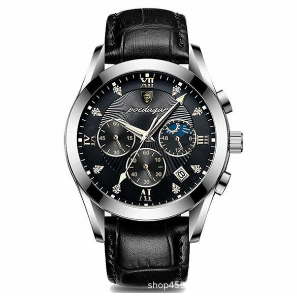 Men's Alloy Leather Quartz Watch With Sapphire Crystal Glass Mirror Round Dial Waterproof Luminous