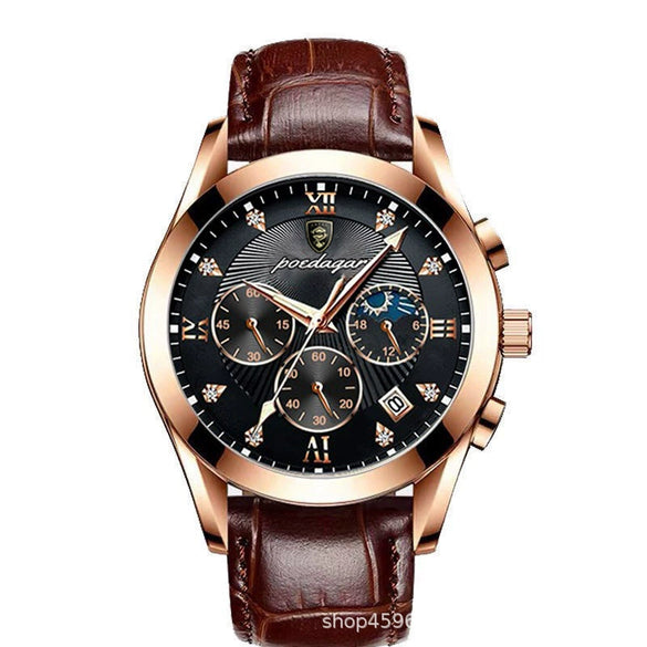 Men's Alloy Leather Quartz Watch With Sapphire Crystal Glass Mirror Round Dial Waterproof Luminous