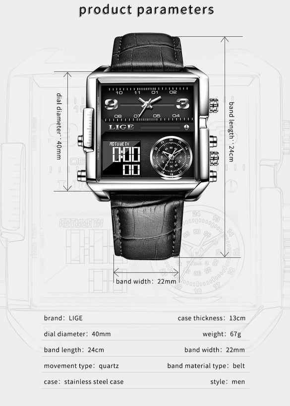 Men's Alloy Leather Square Dial Electronic Quartz Business Style Watch