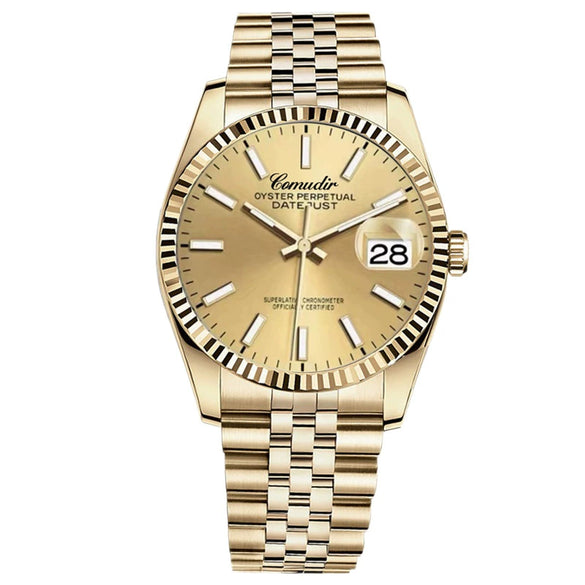 Men's Alloy Mechanical Watch With Luminous Calendar Waterproof Business Style Mineral Reinforced Glass Mirror Stainless Steel Belt Concealed Buckle Onion Crown