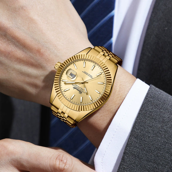 Men's Alloy Mechanical Watch With Luminous Calendar Waterproof Business Style Mineral Reinforced Glass Mirror Stainless Steel Belt Concealed Buckle Onion Crown