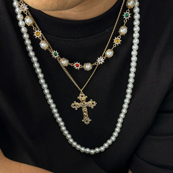 Men's Alloy Pearl Chain Overlapping Cross Geometric Handmade Necklace