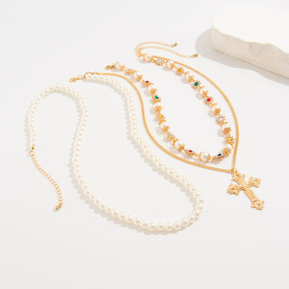 Men's Alloy Pearl Chain Overlapping Cross Geometric Handmade Necklace