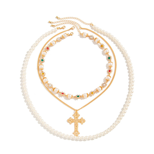 Men's Alloy Pearl Chain Overlapping Cross Geometric Handmade Necklace
