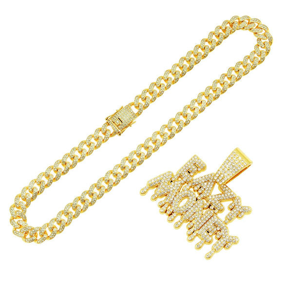Men's Alloy Pendant Necklace With Diamond Letter Pattern Creative Stitching Water Drop Shape Hiphop Style Cuban Chain