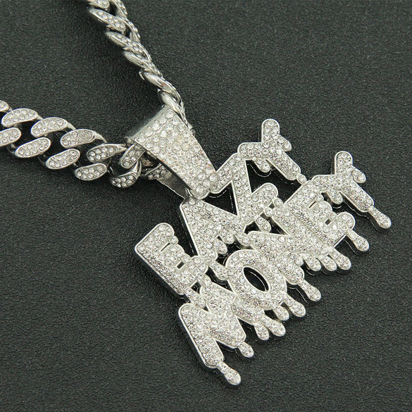 Men's Alloy Pendant Necklace With Diamond Letter Pattern Creative Stitching Water Drop Shape Hiphop Style Cuban Chain