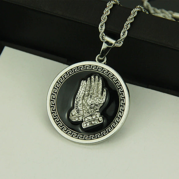 Men's Alloy Pendant Necklace With Praying Hands Pattern And Diamond Design