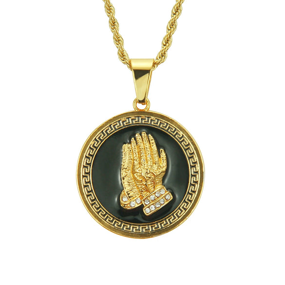 Men's Alloy Pendant Necklace With Praying Hands Pattern And Diamond Design