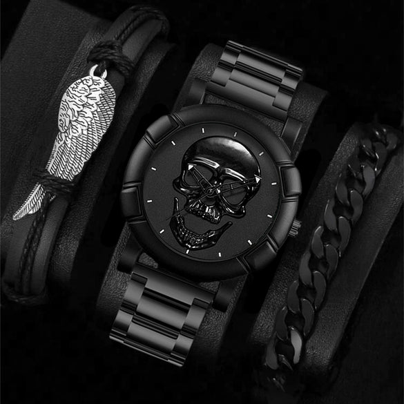 Men's Alloy Pu Strap Round Dial Skull Head Business Style Wrist Watch