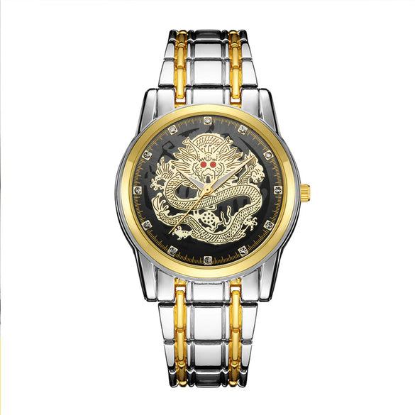 Men's Alloy Quartz Watch With Dragon Design Waterproof Mineral Strengthened Glass Mirror Single Folding Buckle Fashion Style