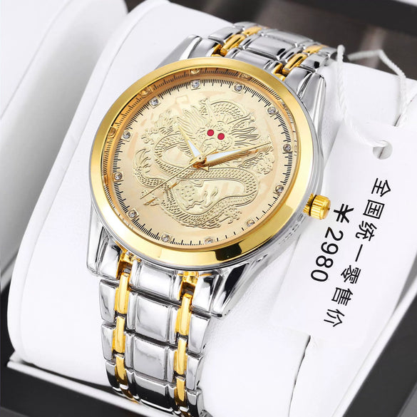 Men's Alloy Quartz Watch With Dragon Design Waterproof Mineral Strengthened Glass Mirror Single Folding Buckle Fashion Style