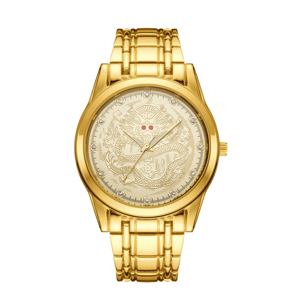 Men's Alloy Quartz Watch With Dragon Design Waterproof Mineral Strengthened Glass Mirror Single Folding Buckle Fashion Style