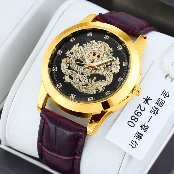Men's Alloy Quartz Watch With Dragon Design Waterproof Mineral Strengthened Glass Mirror Single Folding Buckle Fashion Style
