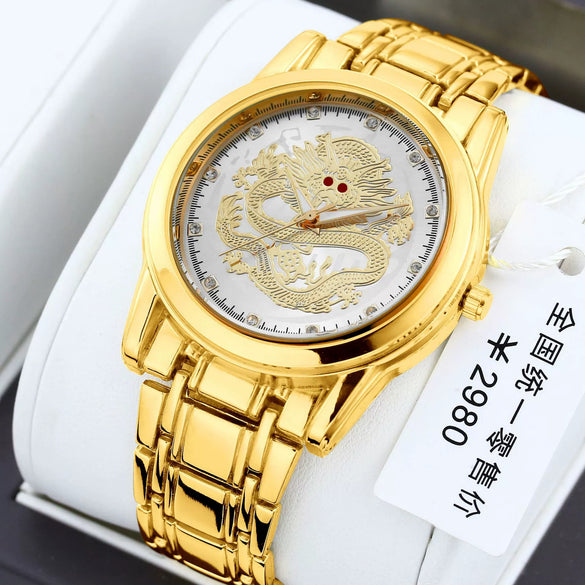 Men's Alloy Quartz Watch With Dragon Design Waterproof Mineral Strengthened Glass Mirror Single Folding Buckle Fashion Style