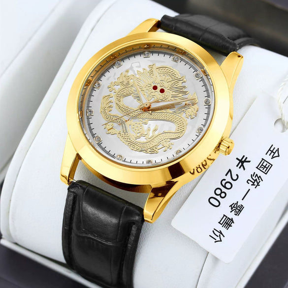 Men's Alloy Quartz Watch With Dragon Design Waterproof Mineral Strengthened Glass Mirror Single Folding Buckle Fashion Style