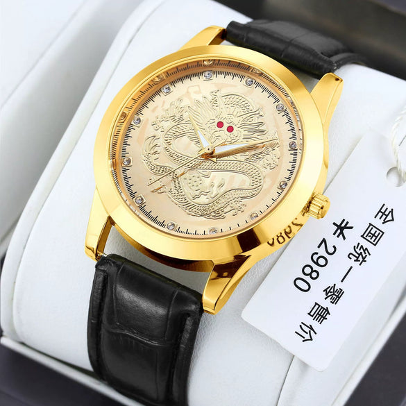 Men's Alloy Quartz Watch With Dragon Design Waterproof Mineral Strengthened Glass Mirror Single Folding Buckle Fashion Style