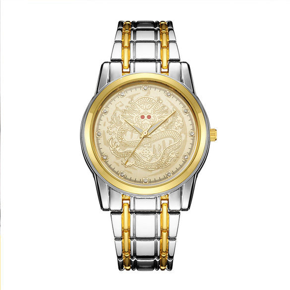 Men's Alloy Quartz Watch With Dragon Design Waterproof Mineral Strengthened Glass Mirror Single Folding Buckle Fashion Style