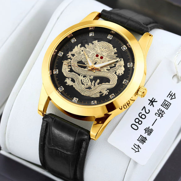Men's Alloy Quartz Watch With Dragon Design Waterproof Mineral Strengthened Glass Mirror Single Folding Buckle Fashion Style