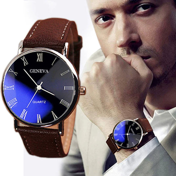 Men's Alloy Shell Casual Watch With Roman Lettering And Blue Light Round Dial