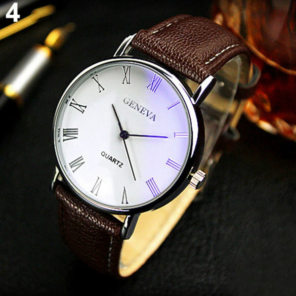 Men's Alloy Shell Casual Watch With Roman Lettering And Blue Light Round Dial