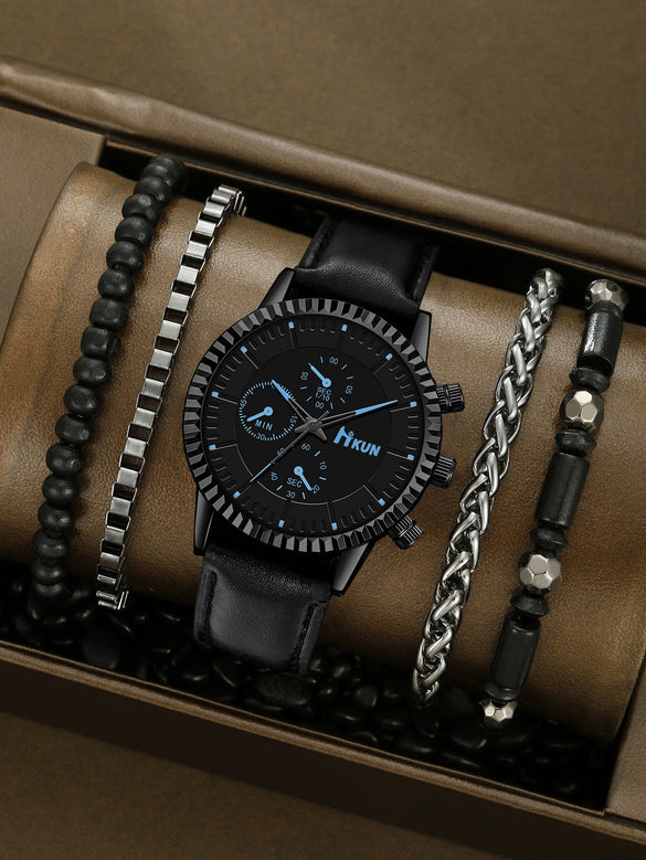 Men's Alloy Sports Watch With Round Dial Beaded Woven Bracelet And Stainless Steel Clasp