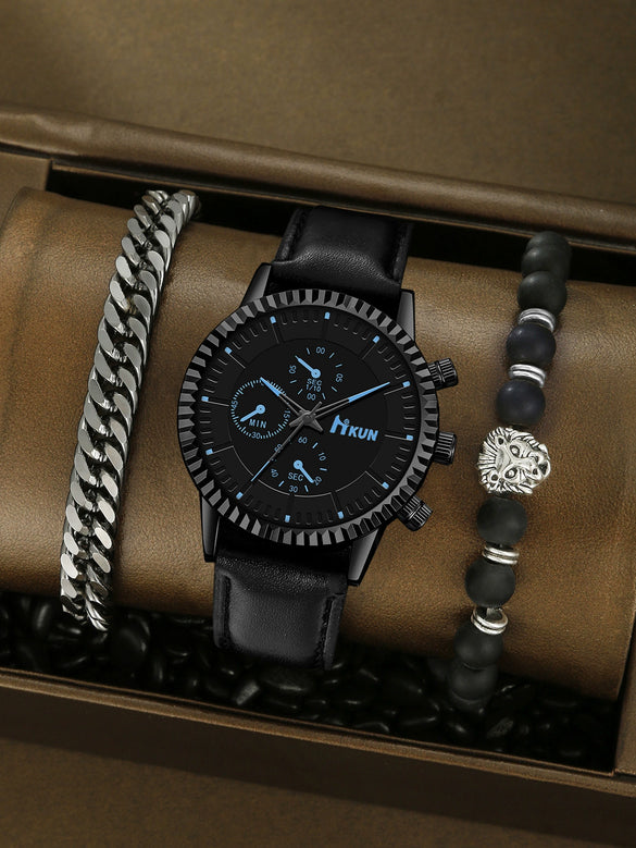 Men's Alloy Sports Watch With Round Dial Beaded Woven Bracelet And Stainless Steel Clasp