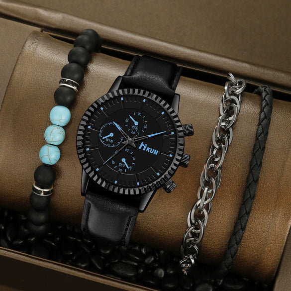 Men's Alloy Sports Watch With Round Dial Beaded Woven Bracelet And Stainless Steel Clasp